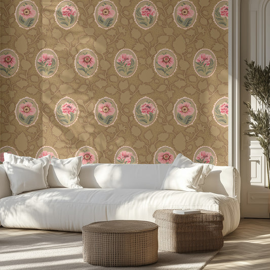 Living room with floral cameo pattern with pink flowers and green leaves on a brown background wallpaper, white sofa, and wicker ottomans.