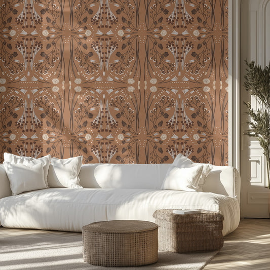 Modern living room with a white sofa, brown boho wildflower patterned wallpaper, and decorative items.