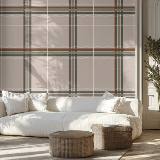 Modern living room with a white sofa, sophisticated neutral plaid wallpaper design on the wall, and wicker ottomans.