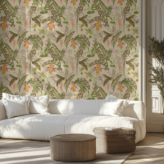 Modern living room with a tropical patterned wallpaper, featuring flowers, hummingbirds, and tropical leaves on a beige background. 