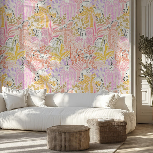 Living room with a white sofa, wicker ottomans, and pink, purple, and yellow lemur-patterned wallpaper.