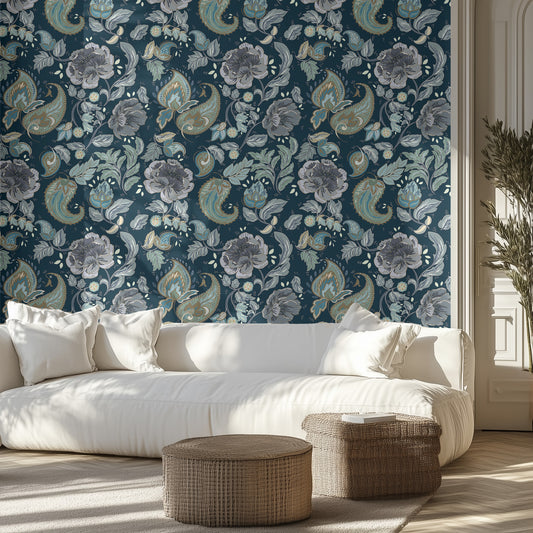 Living room with blue paisley floral wallpaper, white sofa, and wicker ottomans.