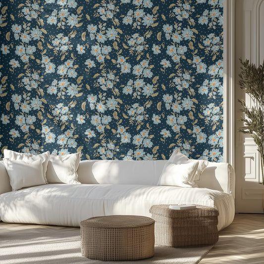 Modern living room with pale blue floral wallpaper on a dark blue background.