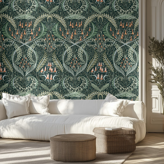 Living room with wallpaper featuring an ornate botanical pattern of orange bell flowers, ferns, on a dark green background. A white couch and two wicker ottomans.