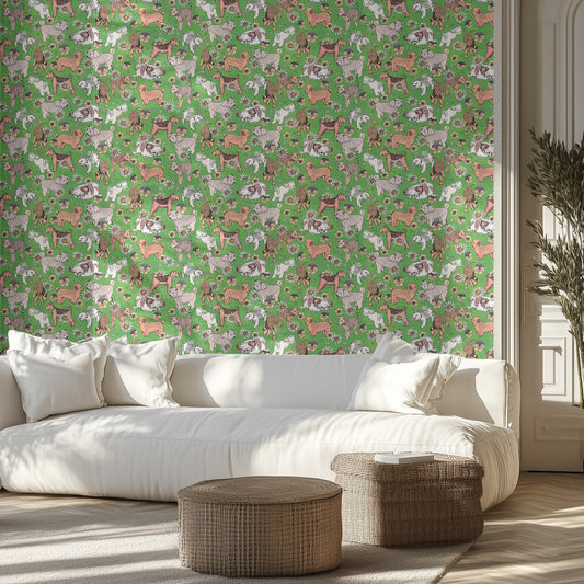 Living room with a white sofa and patterned green wall featuring dog illustrations.