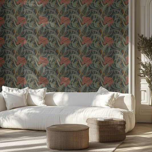 Living room with dark art nouveau floral wallpaper, white sofa, and wicker ottomans.