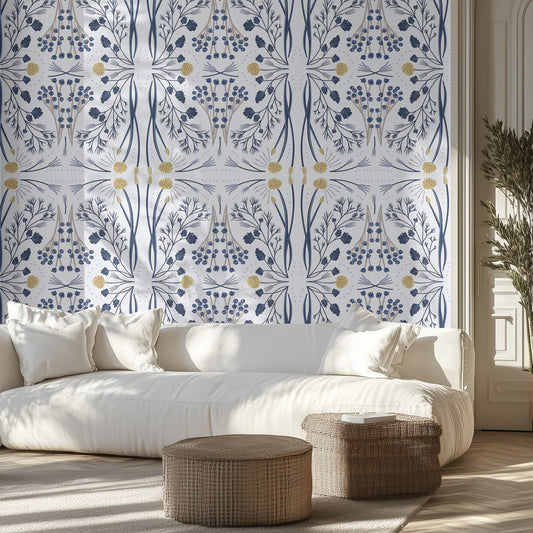 Living room with white sofa, blue and white wildflower patterned wallpaper, and wicker ottomans.