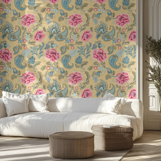 Living room with yellow, pink, pale blue floral and paisley wallpaper, white sofa, and wicker ottomans.