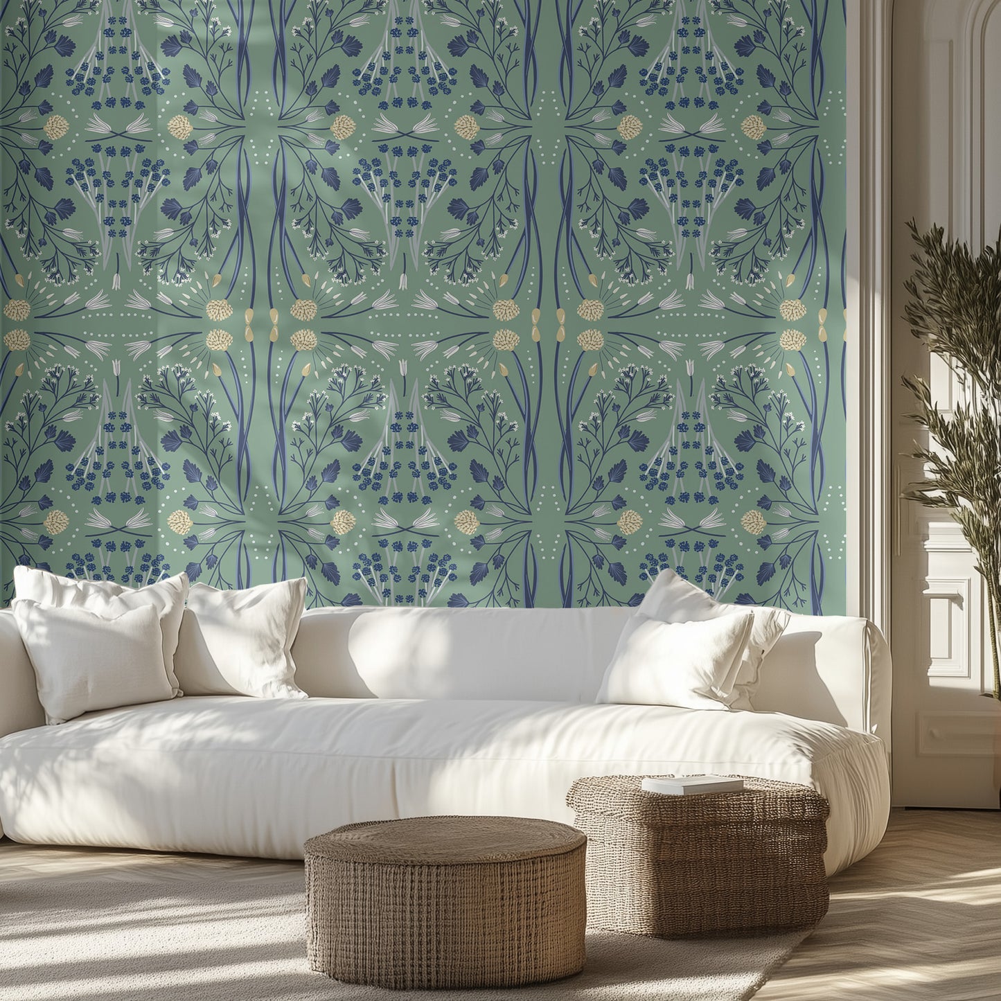 Living room with white sofa, wildflower patterned wallpaper, and wicker ottomans.