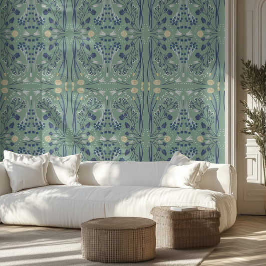 Living room with white sofa, wildflower patterned wallpaper, and wicker ottomans.