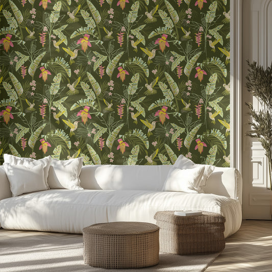 Living room with a white sofa against a green floral wallpaper.