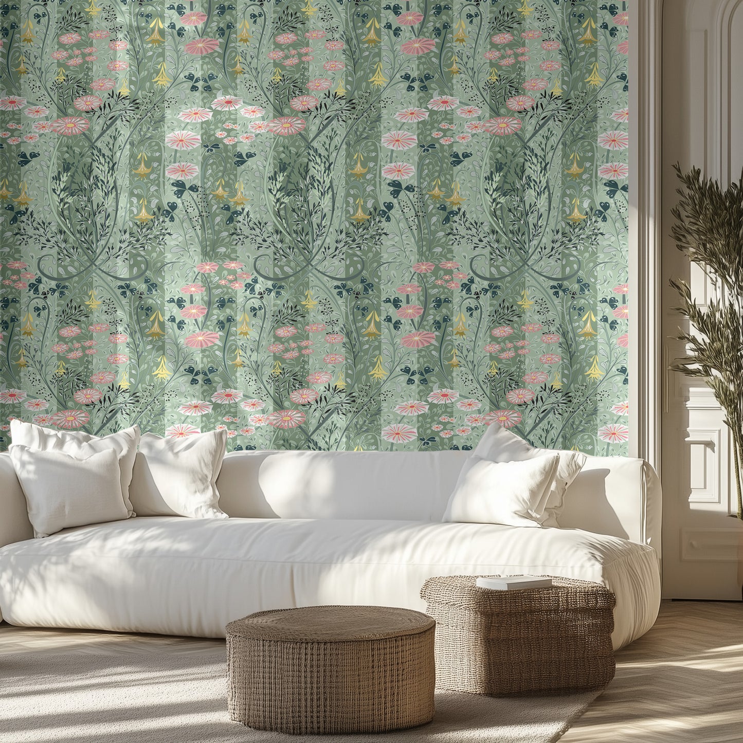 Living room with floral with stripes wallpaper, white sofa, and wicker ottomans.