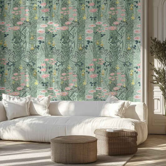Living room with floral with stripes wallpaper, white sofa, and wicker ottomans.