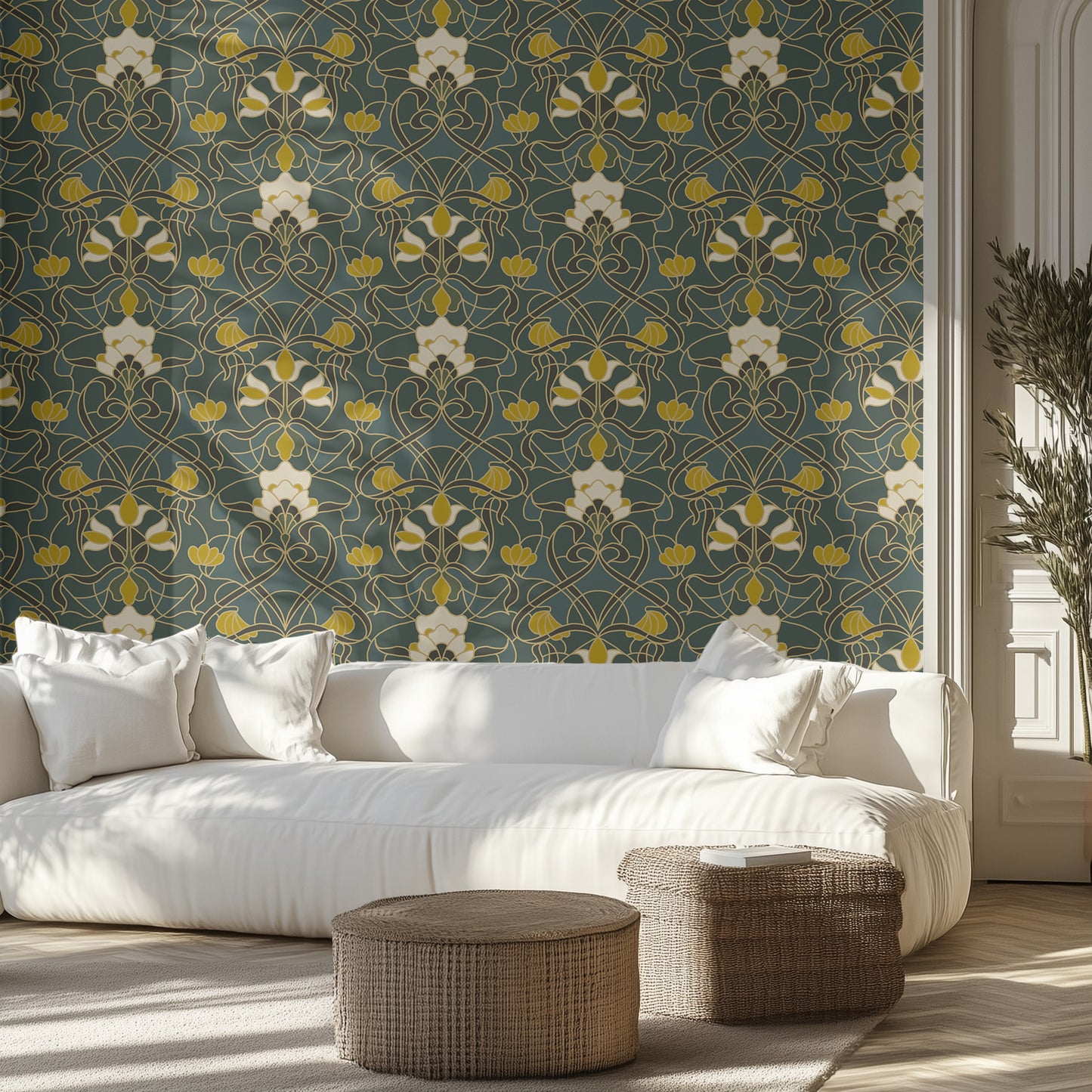 Living room with stained glass floral wallpaper, white sofa, and wicker ottomans.