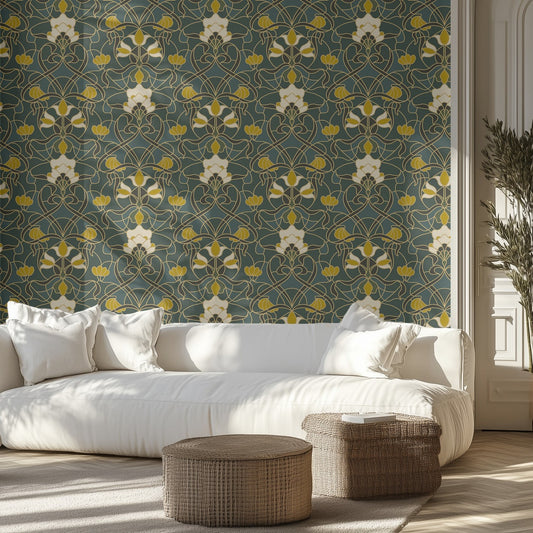 Living room with stained glass floral wallpaper, white sofa, and wicker ottomans.