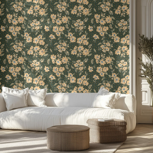 Living room with yellow and green floral wallpaper, white sofa, and wicker ottomans.