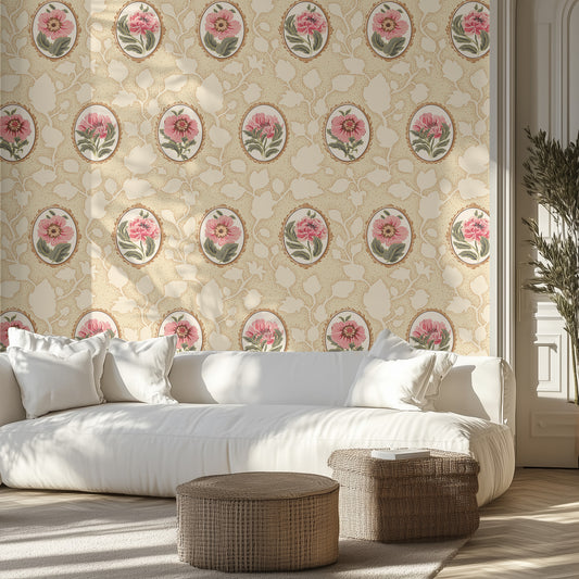 Living room with white sofa, patterned beige and white wall, and wicker ottomans.