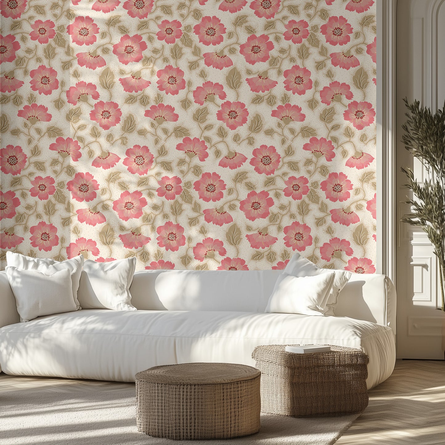 Living room with beige and pink floral wallpaper, white sofa, and wicker ottomans.
