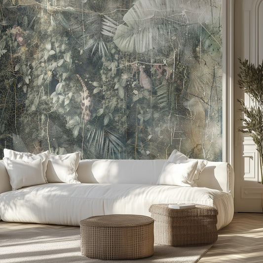 Modern living room with a large wall mural of tropical plants and a white sofa.