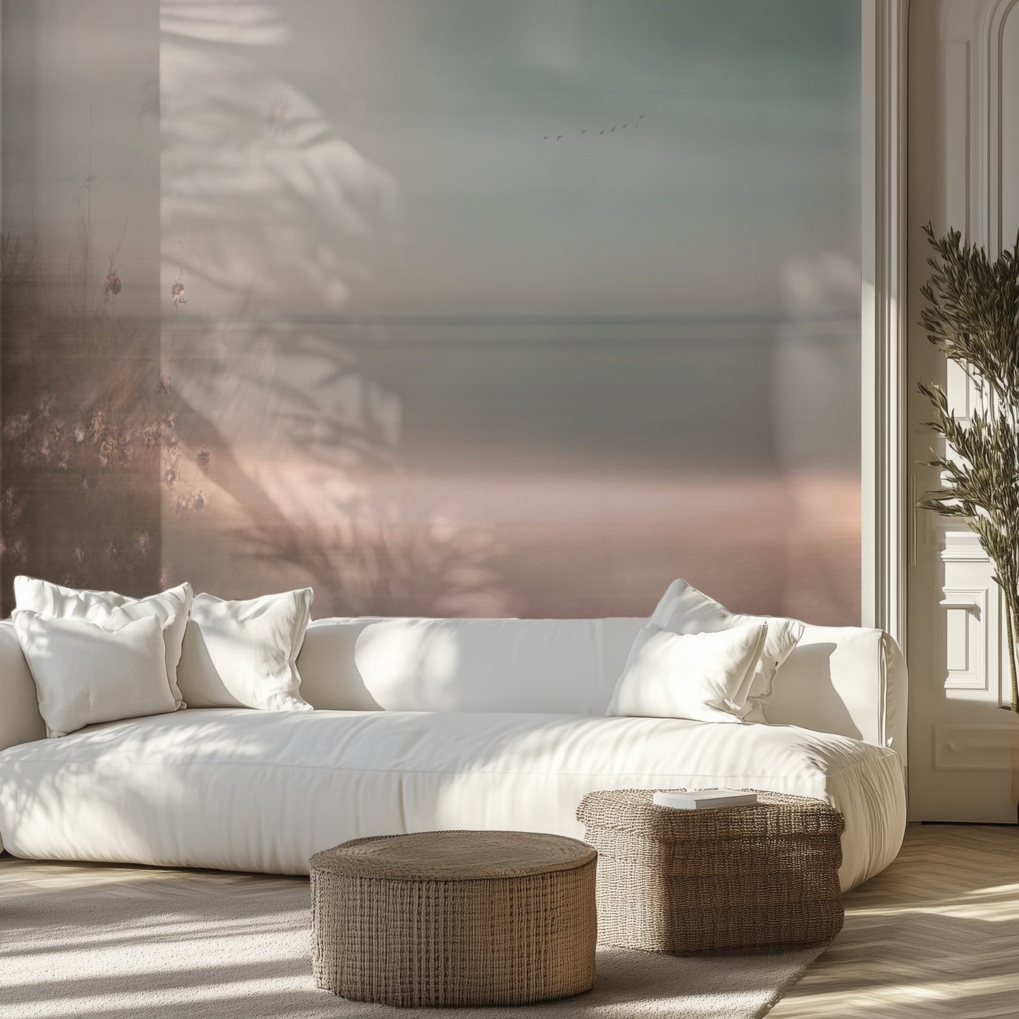 White sofa with white pillows and two woven ottomans in a room with a beach mural wall