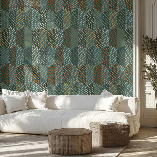 Living room with a white sofa, green diamond patterned wall, and two small ottomans.