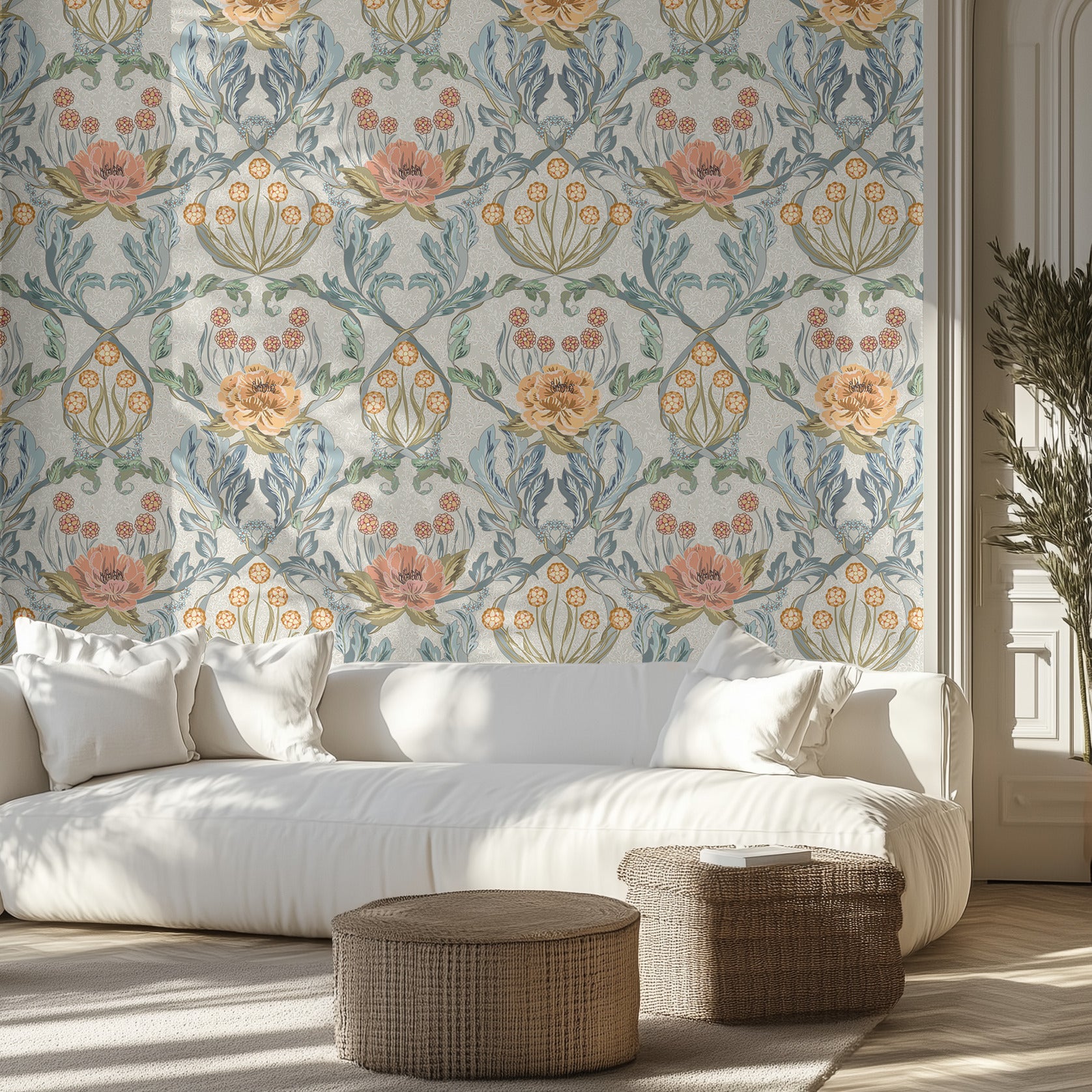 Living room with light pink, aqua, and light blue ornate floral wallpaper, white sofa, and wicker ottomans.