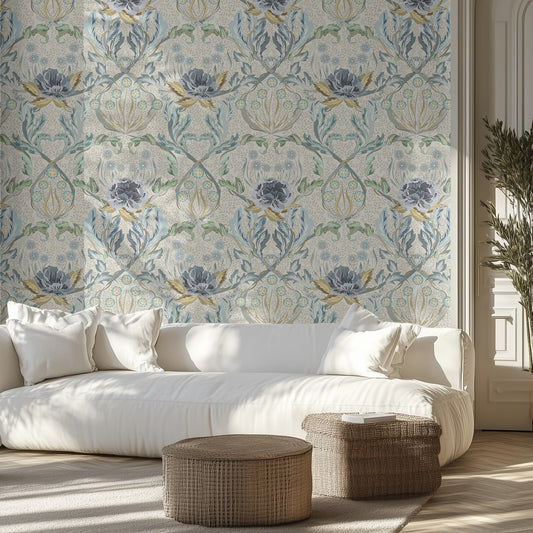 Living room with ornate, light blue, floral wallpaper, white sofa, and wicker ottomans.