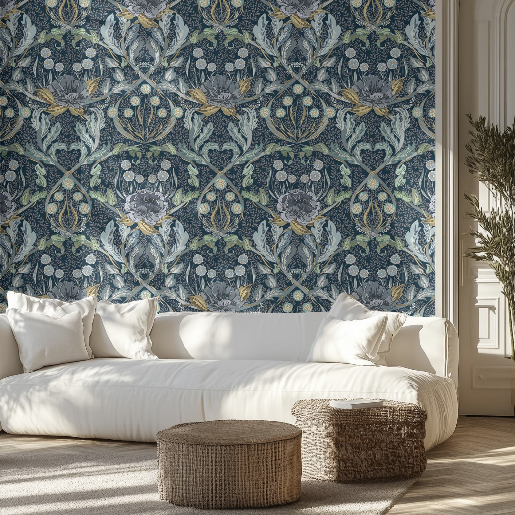 Living room with ornate  floral-patterned wallpaper, white sofa, and wicker ottomans.