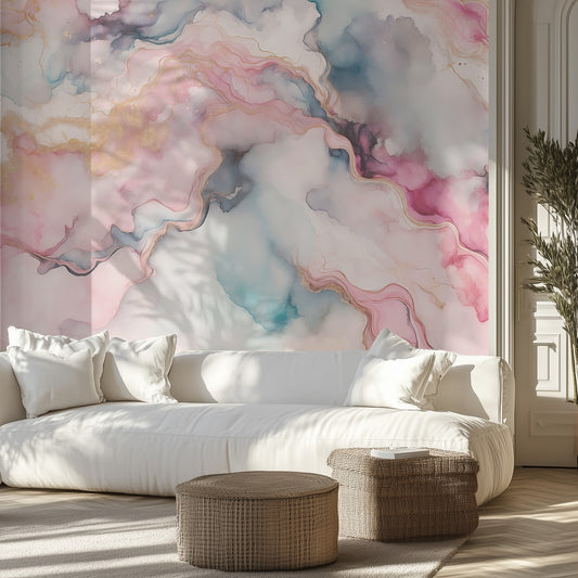 Living room with a large colorful abstract wall mural and white sofa.