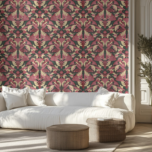 Living room with pink red and green psychedelic patterned wallpaper, white sofa, and wicker ottomans.