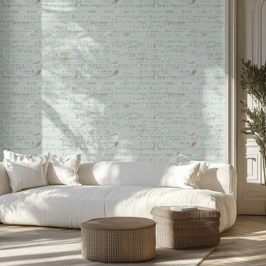 Living room with vintage script wallpaper, white sofa, and wicker ottomans.