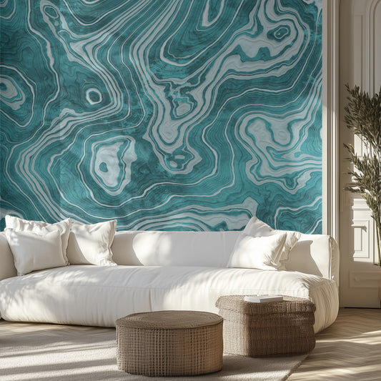 Living room with a large abstract teal and white wall mural.