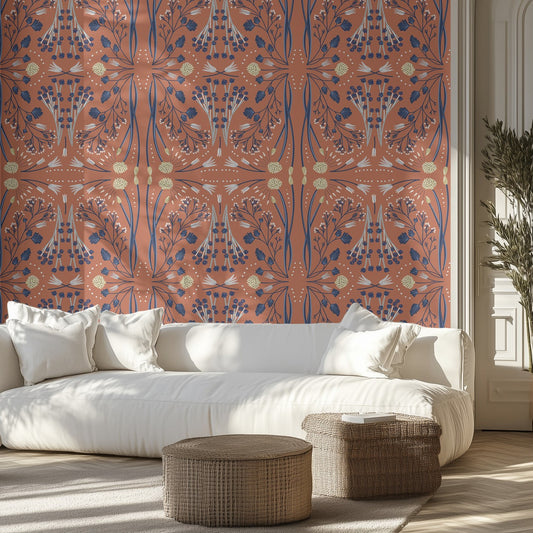 Living room with terracotta floral wallpaper, white sofa, and wicker ottomans.