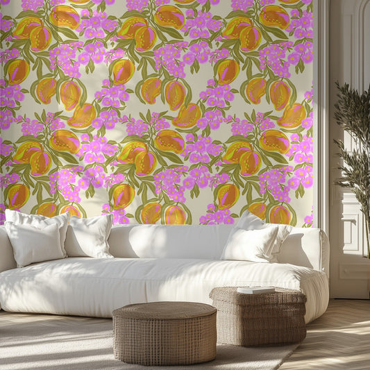 Living room with a fuchsia floral wall mural and white sofa
