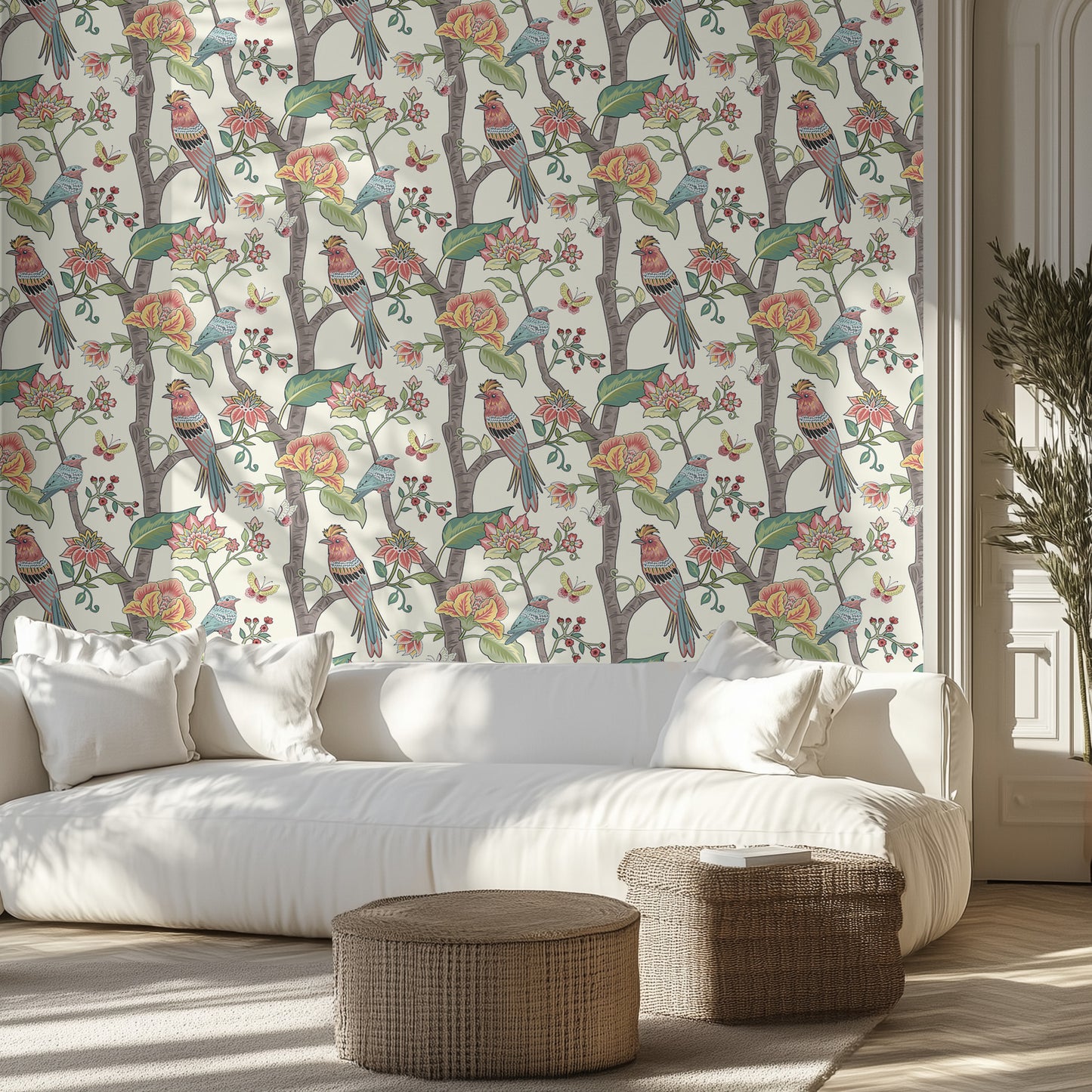 Living room with white floral and bird wallpaper, white sofa, and wicker ottomans.