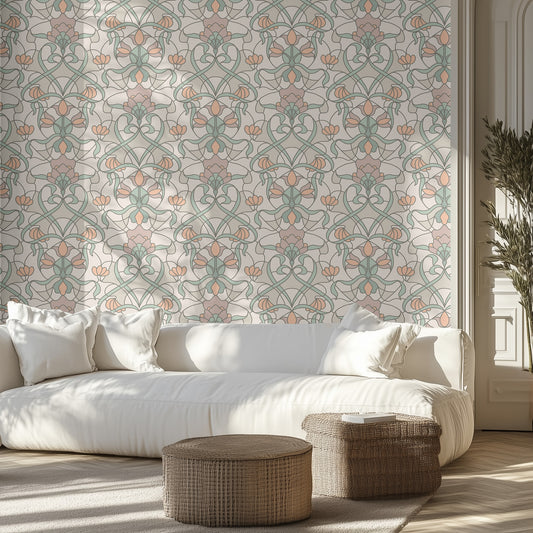 Living room with pastel colored stained glass wallpaper, white sofa, and wicker ottomans.