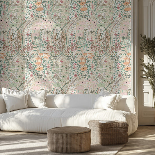 Living room with a white sofa, decorative pillows, and a wildflower patterned wall.