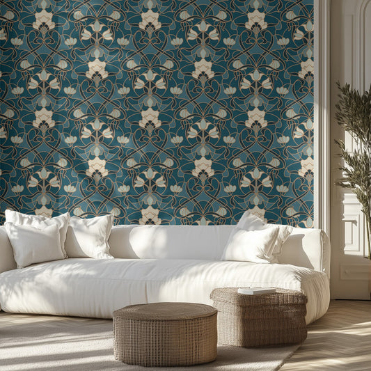 Living room with white sofa, decorative pillows, and patterned deco blue wallpaper.
