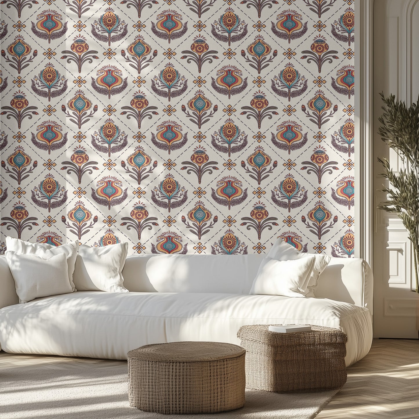 Living room with white sofa, ornately patterned wall, and wicker ottomans.