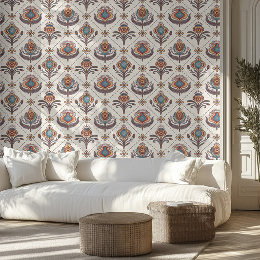 Living room with white sofa, ornately patterned wall, and wicker ottomans.