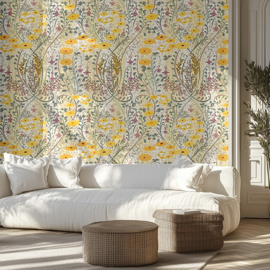 Living room with ornate yellow floral wallpaper, white sofa, and wicker ottomans.