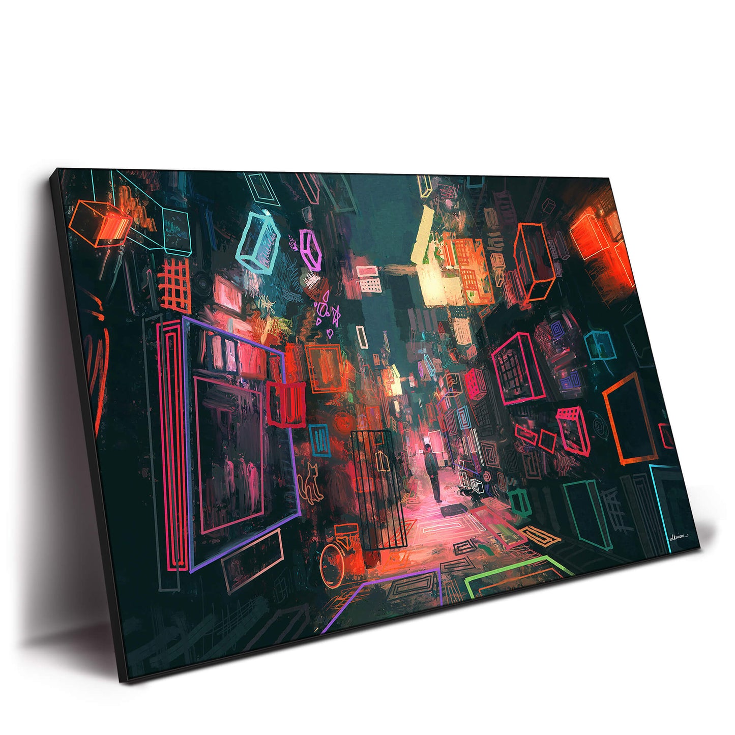 Dynamic vibrant city traveler painting featuring silhouettes amidst colorful skyscrapers and bustling street life.