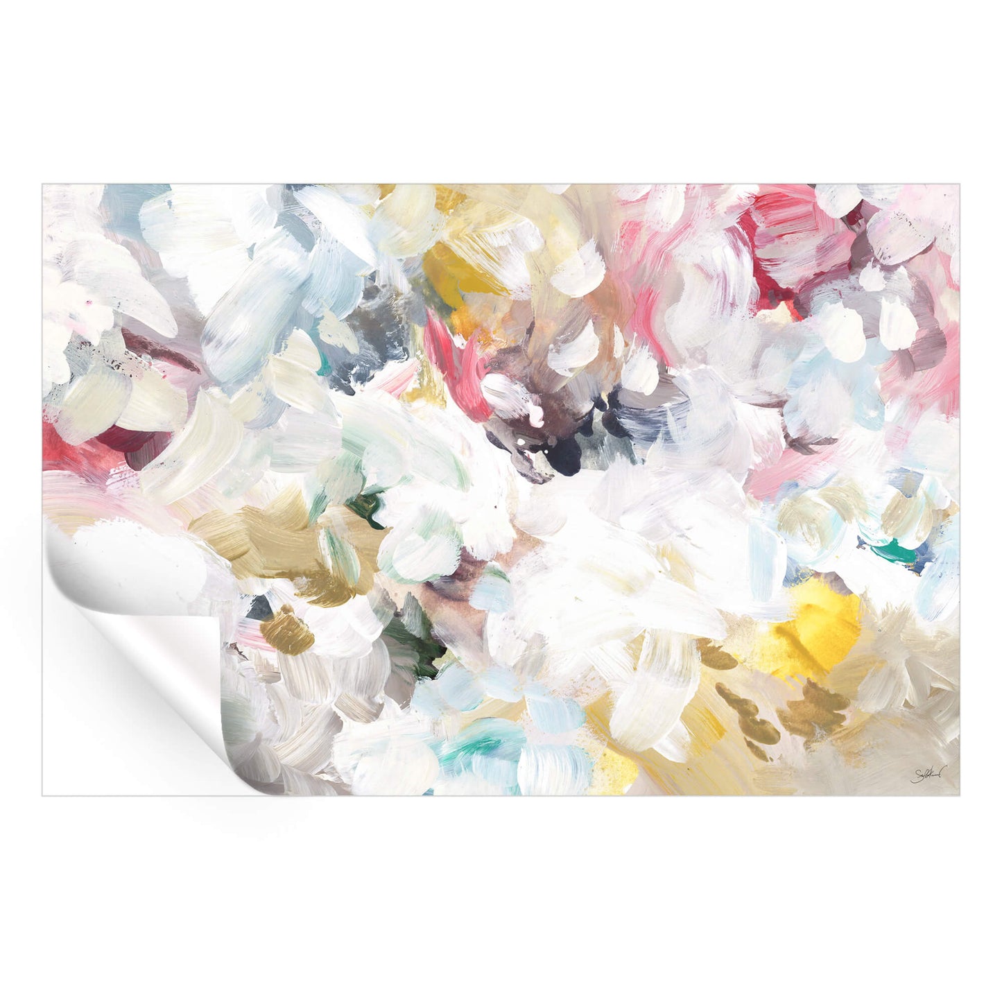 An abstract floral painting featuring a mix of colors and shapes, creating a vibrant and expressive artwork.
