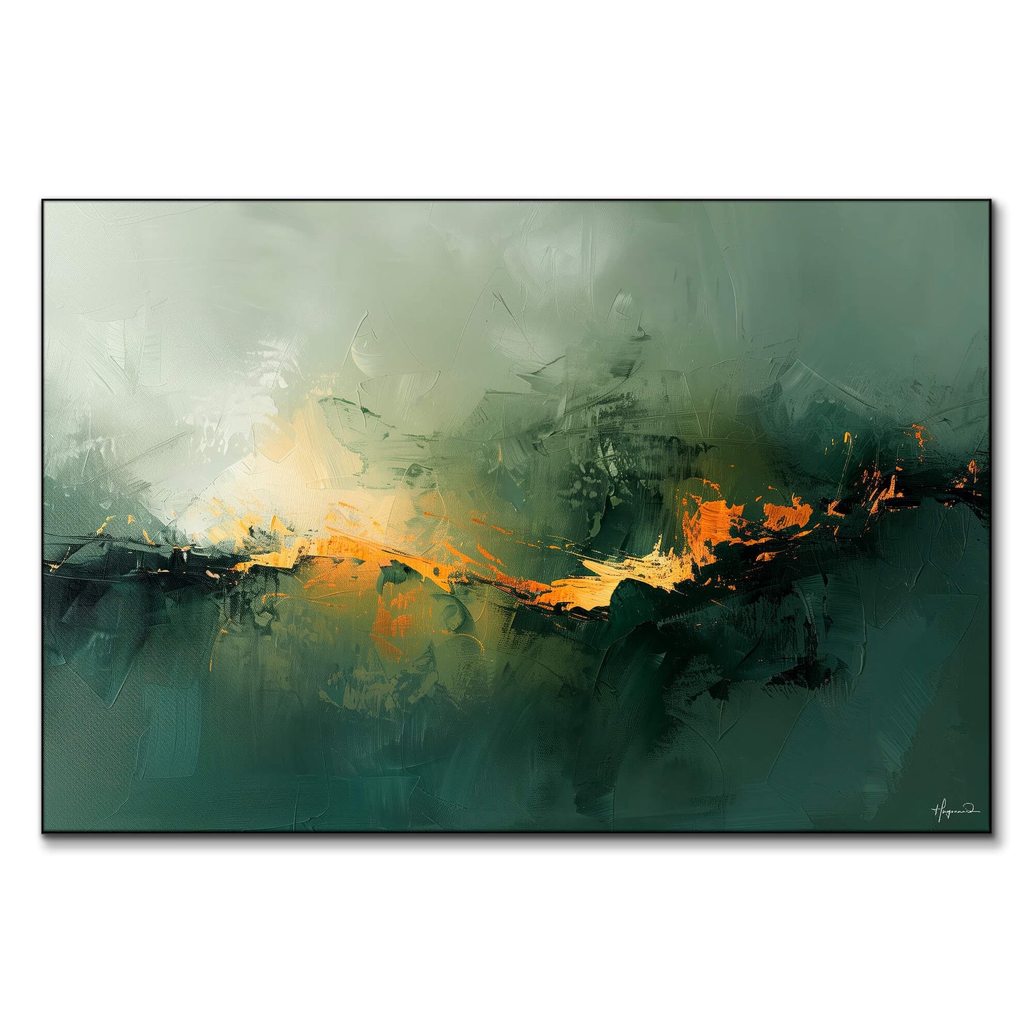 Abstract greens with a vivid streak of orange and yellow, resembling a fiery horizon.