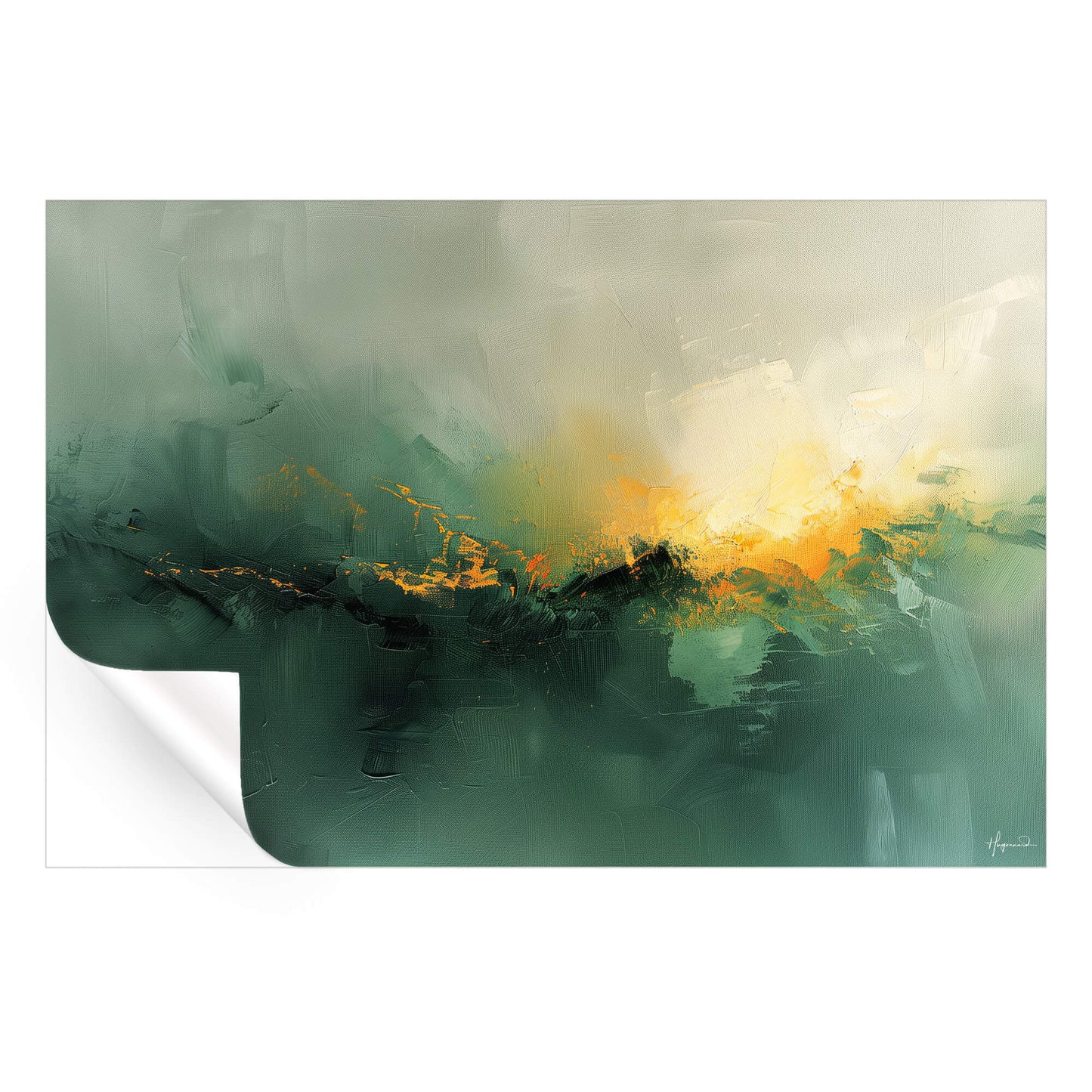 Misty greens with a burst of golden yellow and orange.