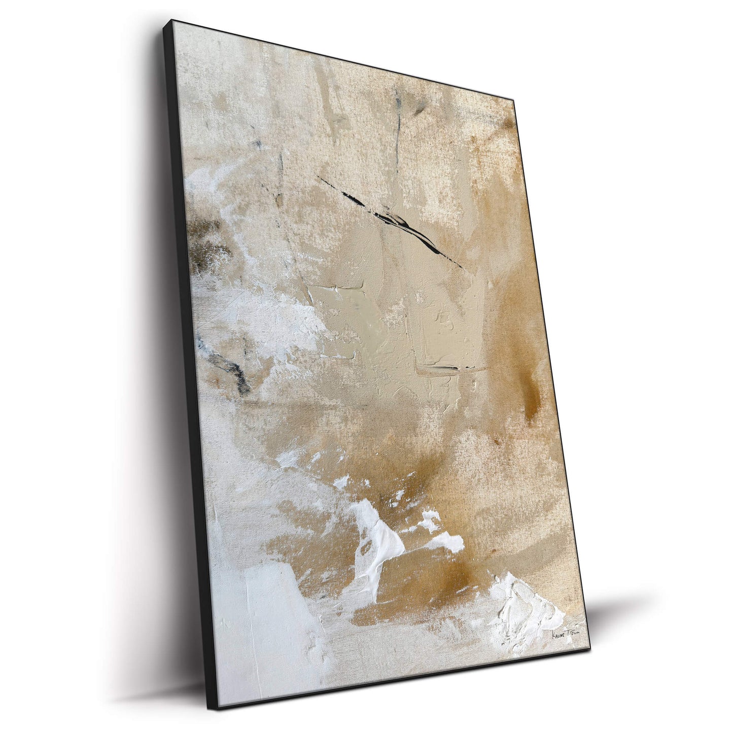 Abstract artwork with white and light brown tones, featuring soft brushstrokes and textured surfaces.