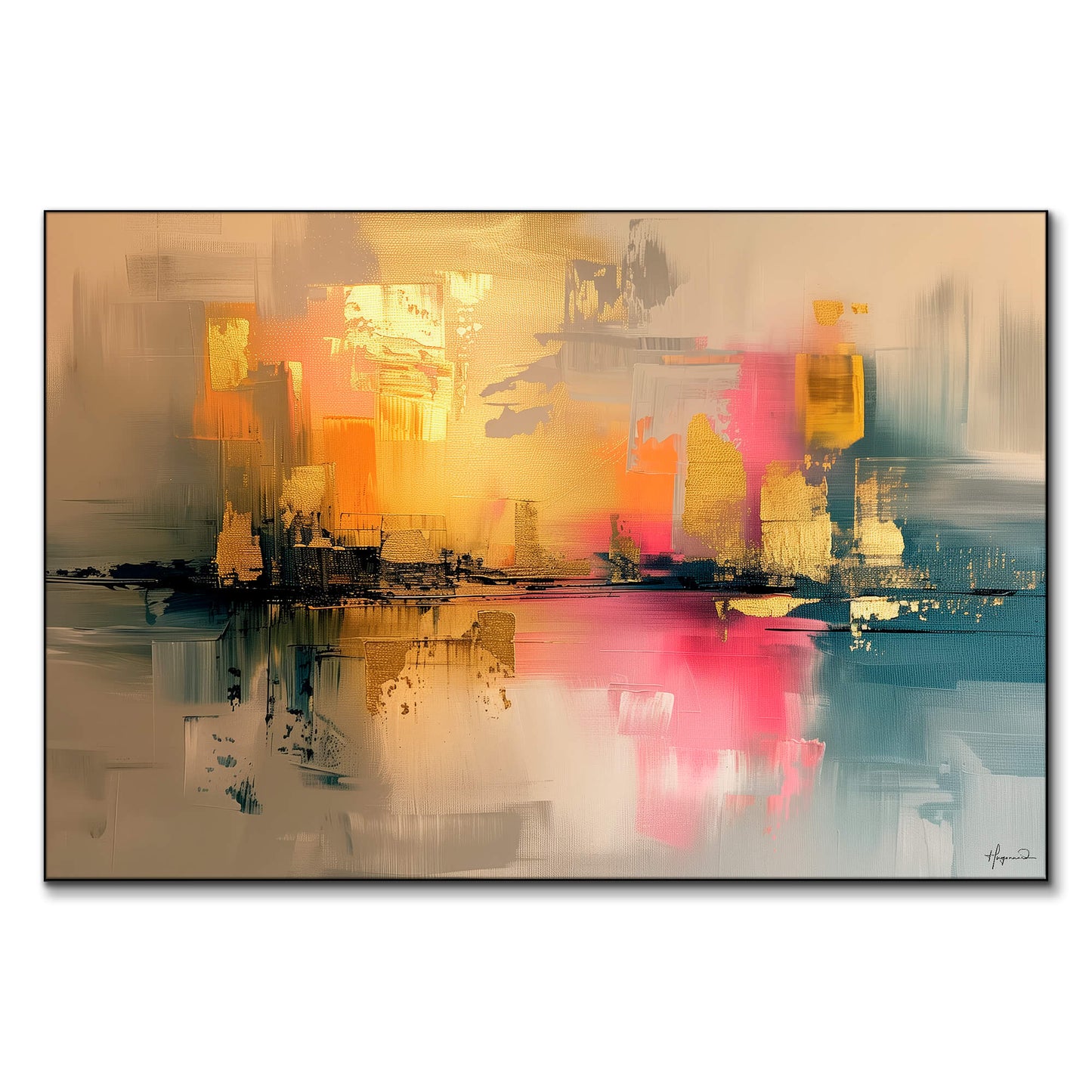 Warm gold and orange tones reflected in softer pinks and blues, creating depth.