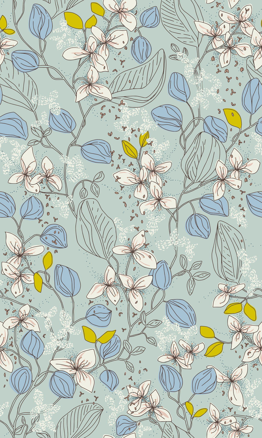 Floral pattern with blue, white, and yellow flowers on a light blue background