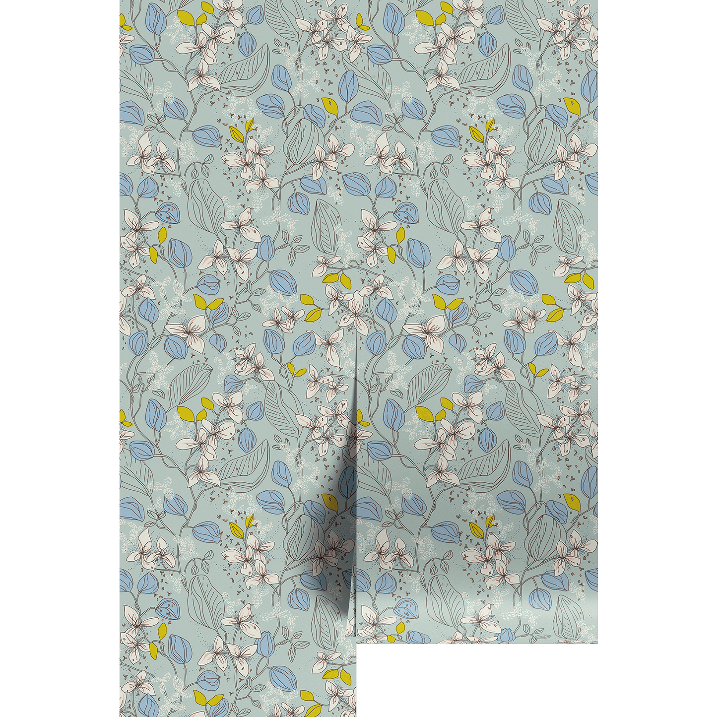 aqua and yellow line art Floral patterned wallpaper swatch on a light blue background
