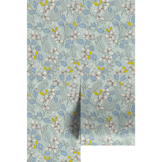 aqua and yellow line art Floral patterned wallpaper swatch on a light blue background